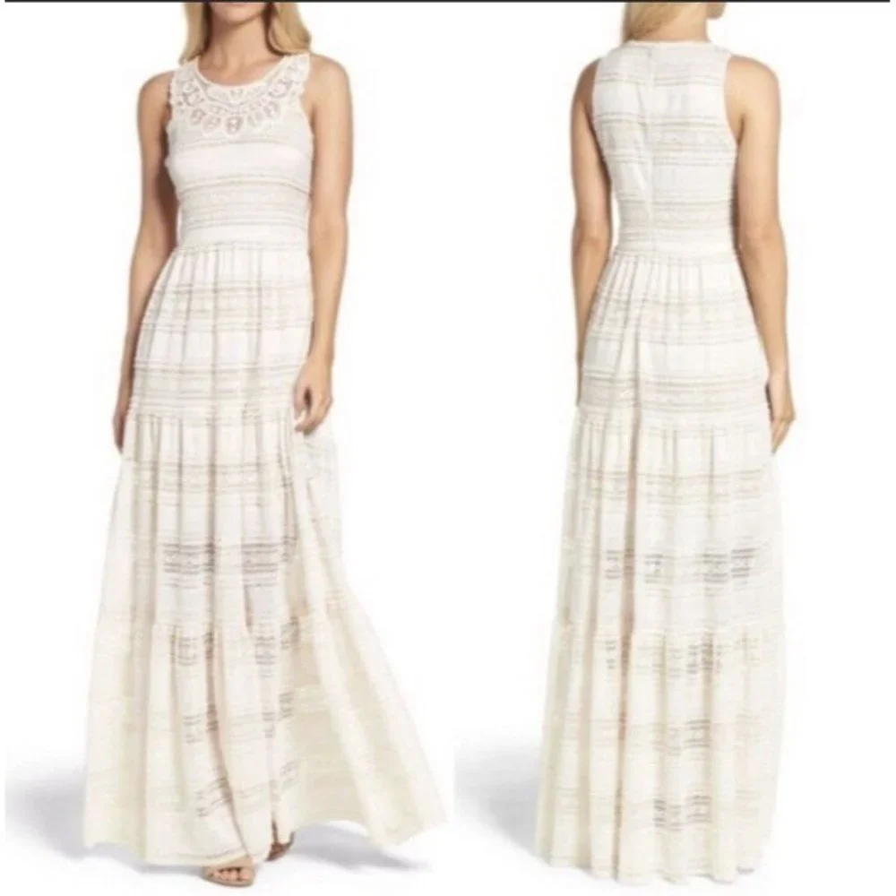 Eliza J Womens Lace Tiered Ivory Maxi Dress Boho Cottagecore Sz 12 - Picture 10 of 10